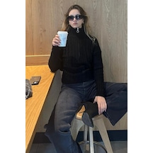 Madmext Siyah Dik Yaka Fermuar Detaylı Örme Kazak Mg2229