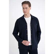 Comfort Fit Apaş Yaka Doku Desenli %100 Pamuk Lacivert Gömlek Ceket G 1601
