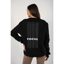 Modagen Kadın Siyah Focus Sırt Baskılı Bisiklet Yaka Oversize Sweatshirt Siyah