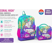 Coral High Mor Mavi Kalp Sırt Çantası 23729+ Beslenme Çantası 11729 Çok Renkli