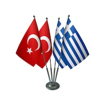 Masa Üstü Yunanistan Bayrağı Türk Bayrağı Dörtlü Krom Direk Masa