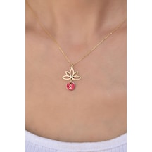 925 Ayar Gümüş Kırmızı Mineli S Harf Lotus Çiçeği Kolye