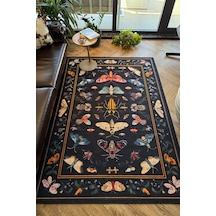 Fiora 218 Siyah Kelebekli Çiçekli Halı Tasarım Modern Oturma Odası İnce Yazlık Ev Oda Salon Halısı Renkli B
