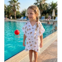 Müslin Kapüşonlu Desenli Beyaz Çocuk Bebek Panço Plaj Havuz Deniz Havlu Bornoz 2-4 Yaş
