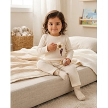 Tuffy Alt Üst Takım Ekru Çiçek Detaylı Jakarlı Örme Kumaş Kız Bebek Taytlı