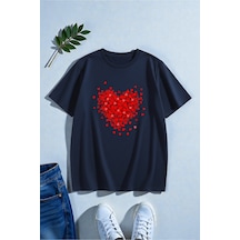 Uyguntarz Unisex Karışık Kalpler Baskılı Tasarım Tshirt Lacivert