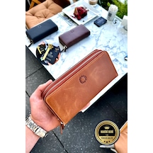 Tigan Unisex Antik Taba Çift Fermuarlı Hakiki Deri Telefon Cüzdanı El Çantası Taba Tigan Unisex Antik Taba Çift Fermuarlı Hakiki Deri Telefon Cüzdanı El Çantası Taba