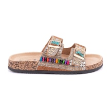 Guja 25y102-2 Kadın Mantar Taban Taşlı Çift Tokalı Comfort Terlik Camel Fuşya