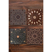 Doğal Taş Bardak Altlığı 4'lü Set - Selçuklu Desenleri Çok Renkli