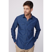 Tudors Slim Fit Spor Yaka Yıkamalı Çift Cepli Armürlü Denim İndigo Erkek Gömlek-24353-ındigo İndigo
