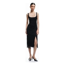 Koton Astarlı Drape Detaylı Slim Fit Kare Yaka Askılı Midi Elbise Siyah 5sak80055ek Siyah