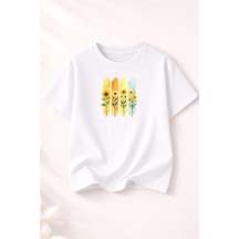 Herkesemoda Ayçiçek Demeti Baskılı Kadın Bisiklet Yaka Pamuklu T-shirt Beyaz