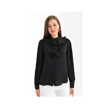 Kadın Siyah Hafif Dökümlü Volanlı Yaka Saten Gömlek 001