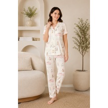 Wordex Mirano 4857 Dijital Baskı Kumaş Düğmeli Kısa Kolu Kadın Pijama Takımı Ekru