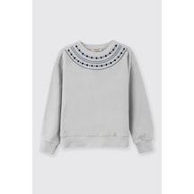 Panço Kız Çocuk Nakışlı Sweatshirt Gri
