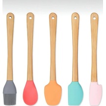 Periboia 5&amp 39 Li Renkli Ahşap Saplı Silikon Uçlu Spatula Fır Beyaz