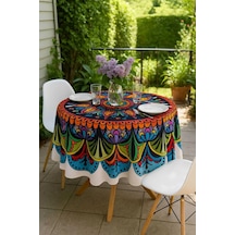 Yuvarlak Etnik Desenli Duck Kumaş Masa Örtüsü 150x150 Cm Çok Renkli