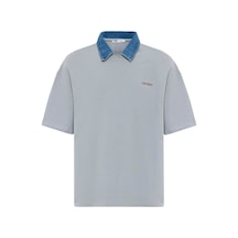 Polo Yaka Yazı Detaylı Oversize Tişört Gri