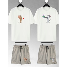 Unisex Kadın Erkek Çiçekli Tom Ve Jerry Baskılı Sevgili Çift Kombini Tasarım Oversize Tshirt Ve Şort Beyaz-gri1 Mck2339 Çok Renkli