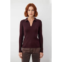 Ersefa Kadın Polo Yaka Fitilli Triko Kazak Modern Fitted Tasarımıyla Cas kahverengi