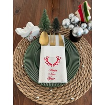 Kırmızı Yaldızlı Beyaz Cepli Küçük Geyik Boynuzu Peçete 12 Adet 40x40