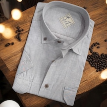Linen Keten Klasik Kısa Kollu Gri Çift Cepli Erkek Gömlek Regular Kalıp -10002 Gri