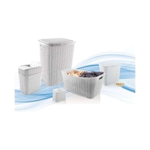 5 Parça Örgü Desenli Plastik Banyo Seti Çamaşır Sepeti Deterjanlık Çöp Kovası Klozet Fırçası - Gri Çok Renkli