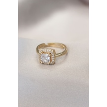 Gold Baget Ve Zirkon Taşlı Kare Yüzük Beyaz