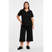 Kompedan Kadın Bambu Önü Düğmeli Yaka Dantelli Büyük Beden Kapri Pijama Takımı Siyah 1000-59