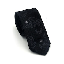Gaffy Gri Şal Desenli Siyah Dokuma Kumaş Mendilli Slim Fit Kravat // Sdk-2604-3 Gri