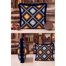Etnik Kilim Saçaklı Yastık Kılıfı - Geometrik Navajo Retro Turuncu Lacivert Püsküllü Kırlent Kılıfı Serin Lagün Saten