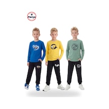 Fyk Kids 3'lü Yuvarlak Yaka Sweatshirt Siyah Eşofmanlı Baskı Detaylı 6 Parça Erkek Çocuk Alt Üst Takım Saks Mavi