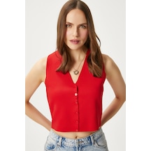 Ritnice Kadın Petite Çıtçıtlı Crop Kırmızı Triko Yelek Kırmızı