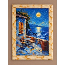 Ahşap Eskitme Çerçeve Desenli Taş Duvar Avlusu Ve Ay Işığı Manzaralı Dekoratif Ahşap Tablo 52x72 Cm
