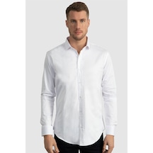Tudors Slim Fit Dar Kesim Likralı Düz Saten Erkek Gömlek-22439 Beyaz