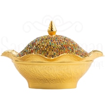 Renkli Swarovski Taşlı Şekerlik Büyük Oval Kapaklı Drajelik Dekoratif Altın