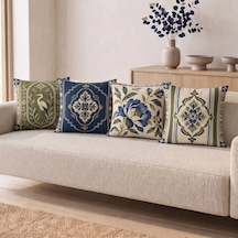 4'lü Klasik Madalyon Ve Botanik Desenli Dekoratif Kırlent Kılıfı Takımı - 43x43 Cm Çift Taraflı Lacivert - Haki Lacivert