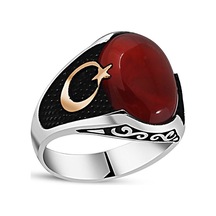 Gümüş Akik Taşlı Ay Yıldız Oval Erkek Yüzük