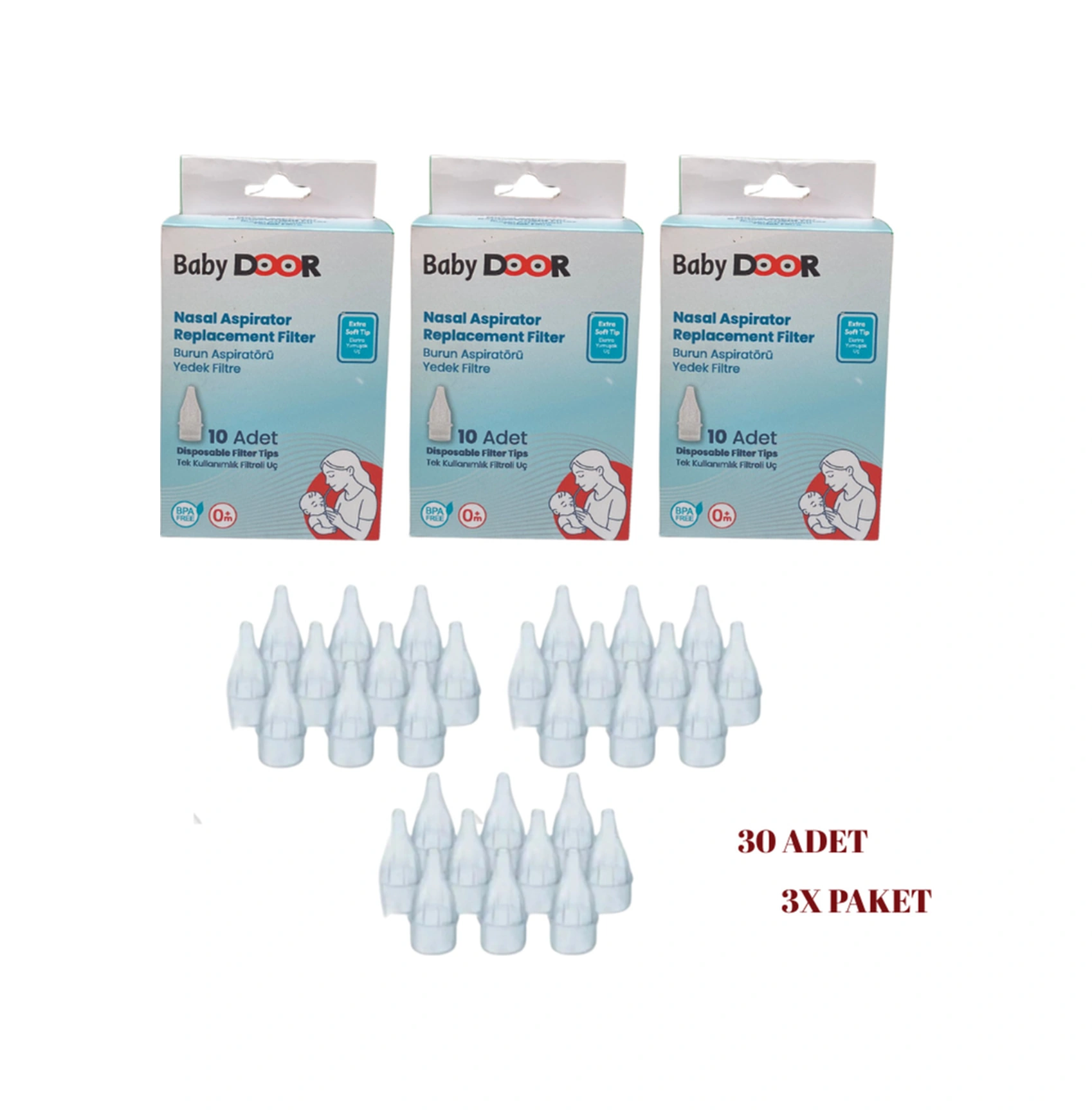 3'lü Paket Nasal Burun Aspiratöru Tek Kullanımlık Filtreli Yedek Uç 30 Adet 3pk 10