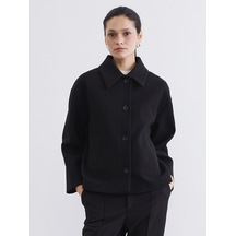 Lcw Modest Siyah Gömlek Yaka Oversize Kadın Kaşe Kaban