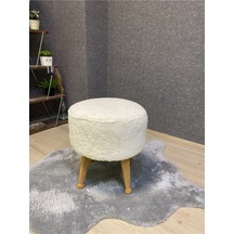 Asedia Miskin Naturel Teddy Krem Ahşap Ayaklı Peluş Puf Makyaj Koltuğu Yuvarlak Tabure