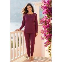 Aura Collections Kadın Dantelli Bambu Viskon Uzun Kollu Mevsimlik Soft Örme Pijama Takımı Bordo