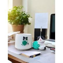 Turkuaz Yumaklı Kedi Fotoğraf - Not Tutuculu Obje Saksı Seti Hediyelik Ofis Seti Su Yeşili