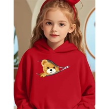 Kızlar İçin Sonbahar Kışlık Kapüşonlu Sweatshirt Fermarlı Ayıcık Kırmızı