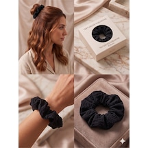 Bürümcük Dokulu Kumaş Hacimli Scrunchie Lastik Toka Farklı Renk Seçenekli Siyah