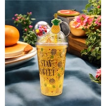 Ananas Pipetli Buzlu Cam Görünümlü 400 Ml Çift Katman Mika - Sarı Ananas Yeşil