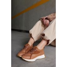 Sara Taba Hakiki Deri Bağcıklı Kadın Sneaker-Taba