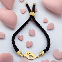 Archin N Harfine Özel Sevgi Kuşu Motifli 14 Ayar Altın Plakalı Siyah Örgülü Hediye Bileklik-610harf N