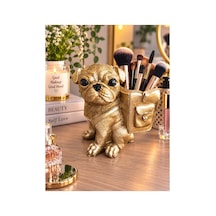 Dekoratif Köpek Figürlü Kalemlik Makyaj Fırçalık Saksı Organizer Polyester 12x15 Cm Altın