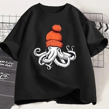 Tarzsokak Beyaz Ahtapot Turuncu Bere Japon Tarzı Grafik Tees Yuvarlak Boyun Le Siyah